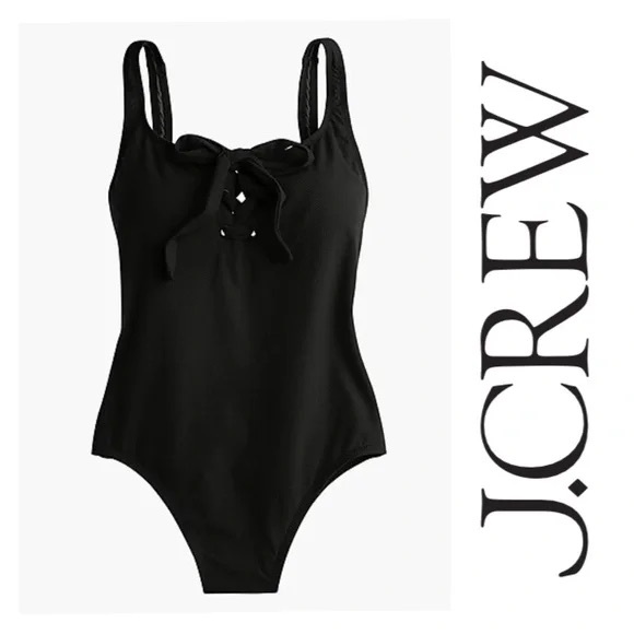 J Crew pique lace-up one piece swimsuit, true black - Picture 1 of 7